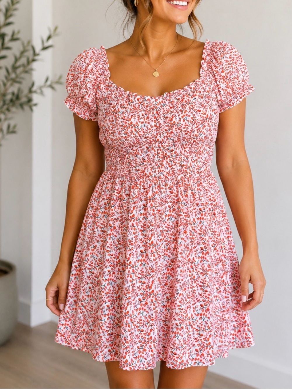LOFT Floral on/Off-Shoulder Summer Dress in Coral and White lightweight SZ 2